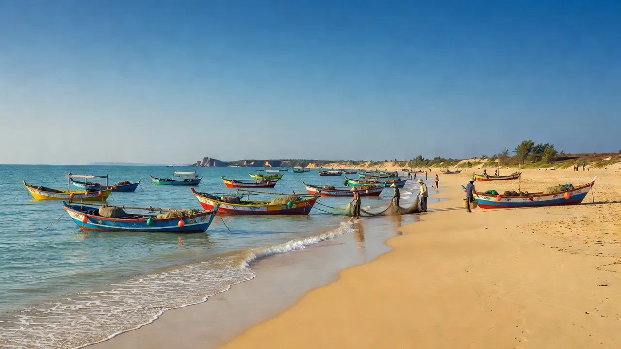 Khung cảnh ven biển huyện Tuy Phong, Bình Thuận với bãi cát tự nhiên và du khách.