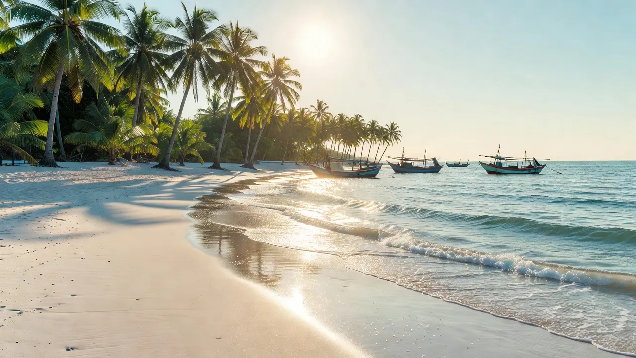 Bãi biển Bình Thuận với cát trắng, sóng nhẹ, hàng dừa và ánh nắng mặt trời.