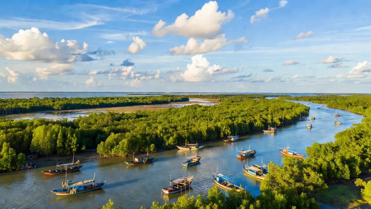 Khung cảnh ven biển huyện Năm Căn, tỉnh Cà Mau với rừng ngập mặn và sông rạch đẹp.