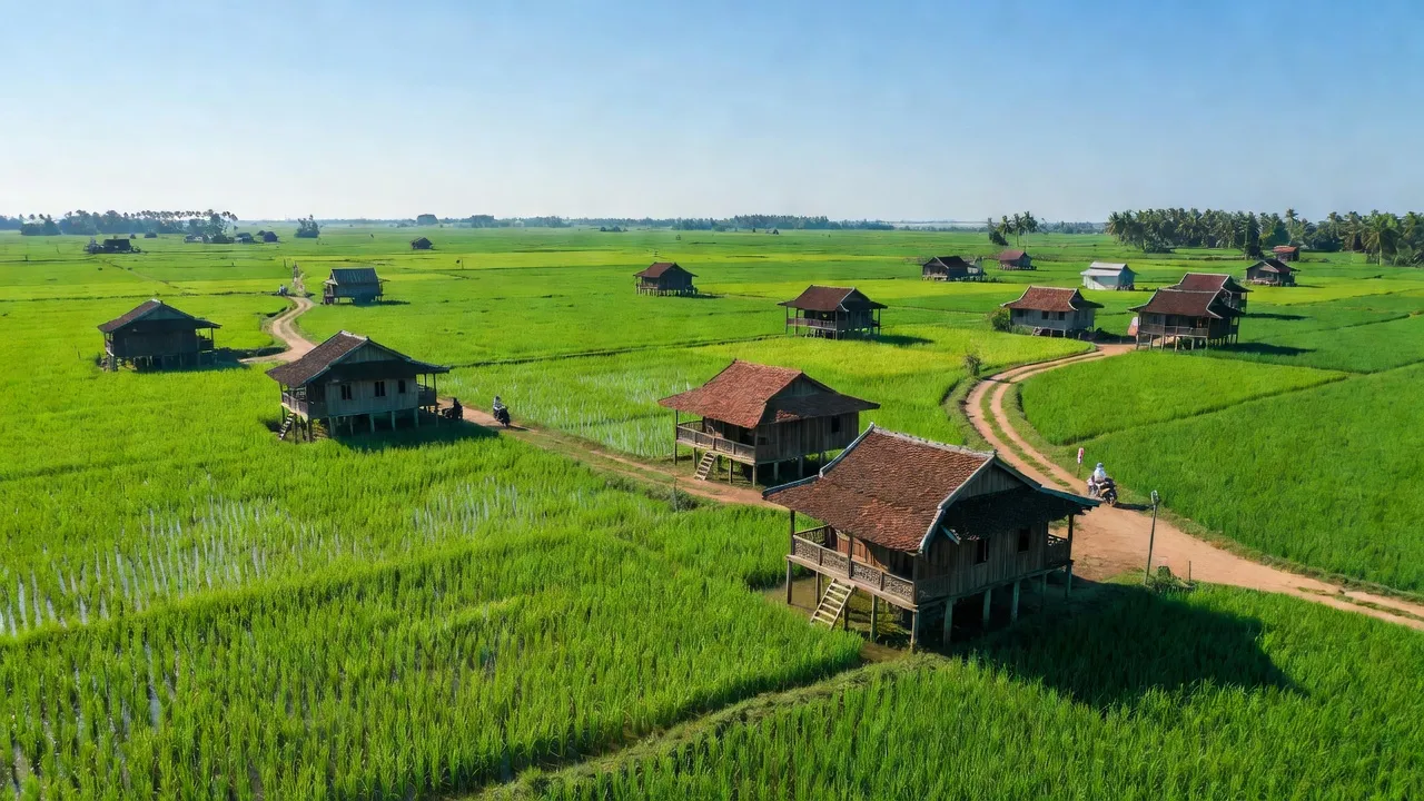 Khung cảnh Huyện Cờ Đỏ, Cần Thơ với cánh đồng xanh và nhà gỗ truyền thống.
