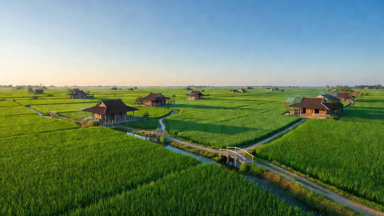 Cảnh quan Xã Đông Hiệp huyện Cờ Đỏ, Cần Thơ với cánh đồng xanh và nhà truyền thống