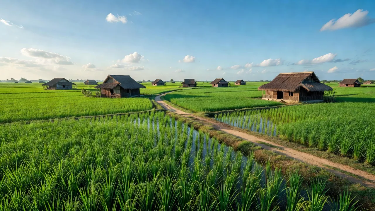 Cảnh đẹp Xã Thạnh Phú, Huyện Cờ Đỏ với những cánh đồng lúa xanh mướt, nhà truyền thống.
