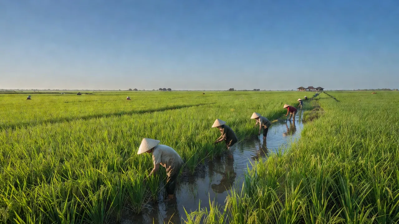Cảnh đồng lúa xanh mướt ở xã Thạnh Phú, huyện Cờ Đỏ, Cần Thơ, thể hiện nông nghiệp Việt Nam.