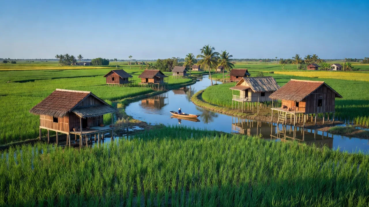 Cảnh quan Xã Thới Đông, huyện Cờ Đỏ, Cần Thơ với cánh đồng xanh và nhà truyền thống.