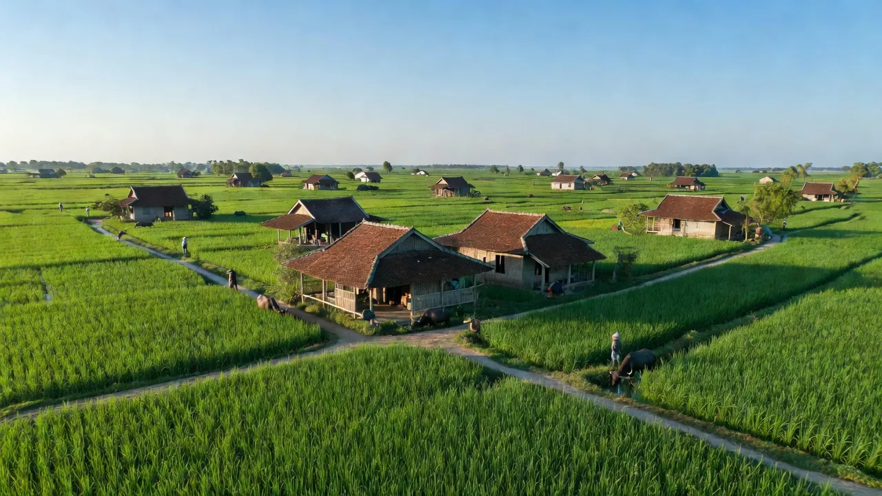 Cảnh đồng xanh và nhà truyền thống ở xã Thới Hưng, huyện Cờ Đỏ, thành phố Cần Thơ.
