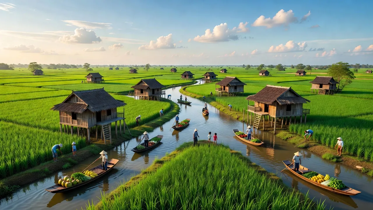 Phong Điền, Cần Thơ với đồng xanh, nhà truyền thống và kênh rạch dưới bầu trời xanh.