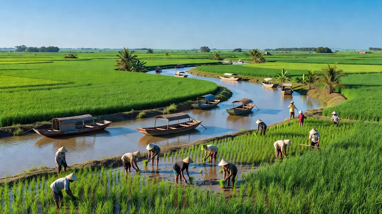 Phong Điền, Cần Thơ với ruộng lúa xanh và hoạt động nông nghiệp độc đáo, thể hiện vẻ đẹp nông thôn.
