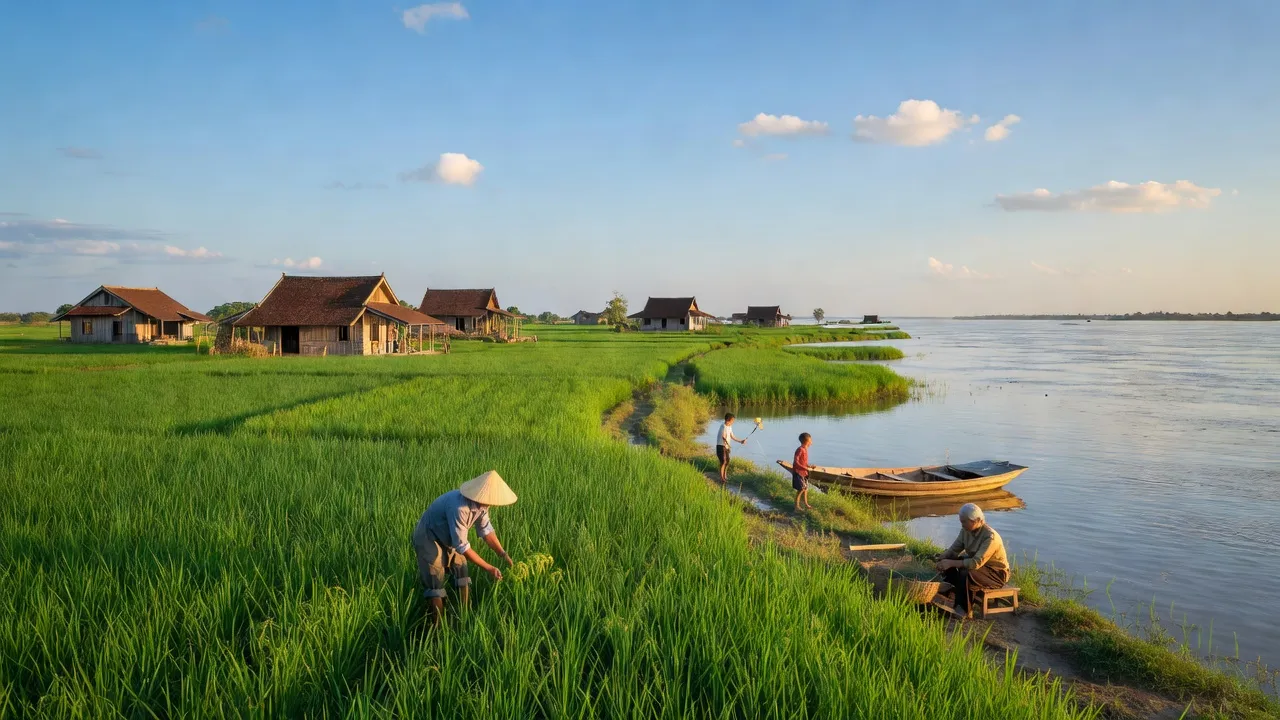 Khung cảnh yên bình ở Xã Trường Long, Huyện Phong Điền, Cần Thơ với cánh đồng xanh và dòng sông Mekong.
