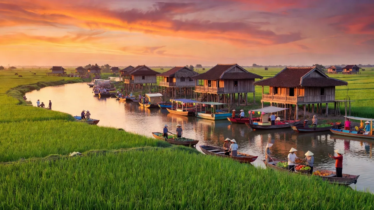 Quận Bình Thủy, Cần Thơ với cánh đồng xanh, nhà cổ ven sông và chợ địa phương nhộn nhịp.