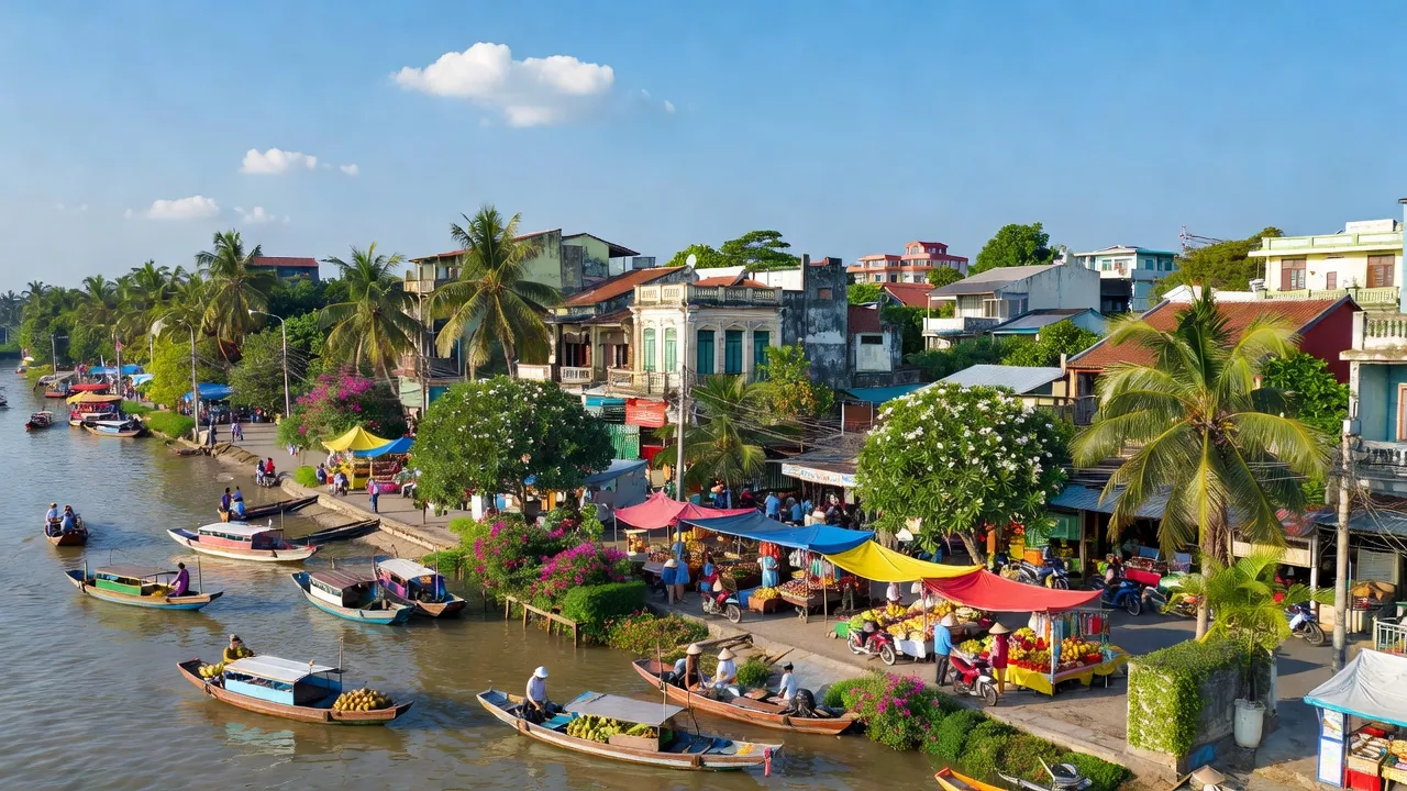 Quận Bình Thủy, Cần Thơ với đường phố nhộn nhịp ven sông và cảnh sắc thiên nhiên tươi đẹp.