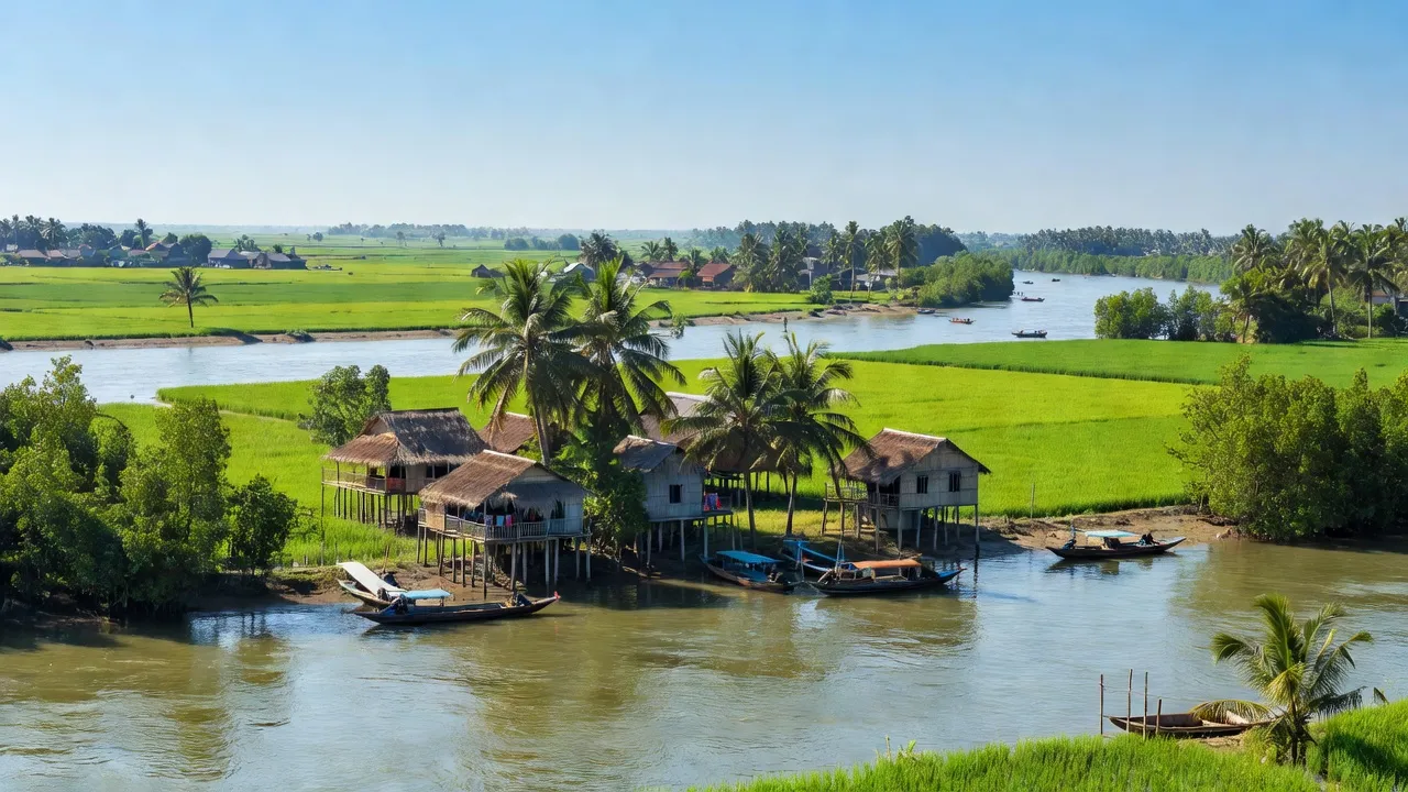 Khung cảnh Phường Long Hòa, Quận Bình Thuỷ, Cần Thơ với nhà cửa và thiên nhiên xanh tươi.