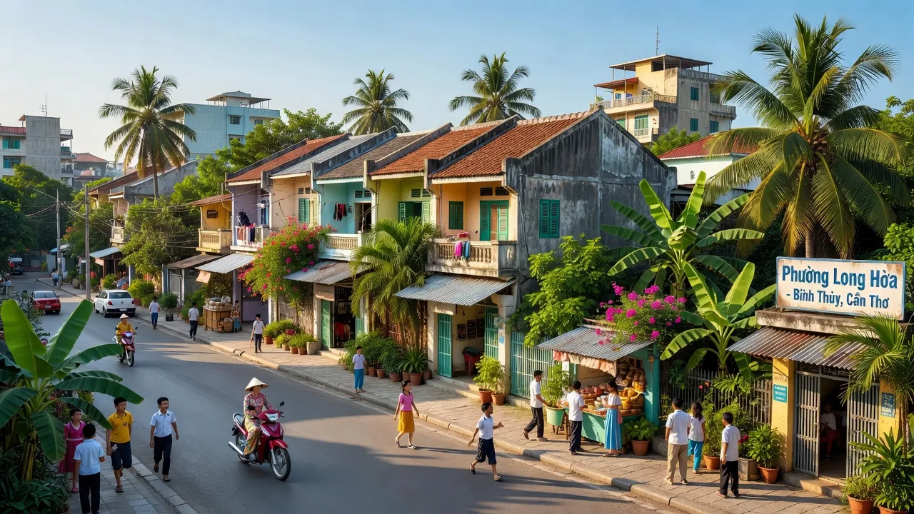 Khung cảnh thanh bình tại Phường Long Hòa, Quận Bình Thuỷ, Cần Thơ với nhà cửa và cây cối.
