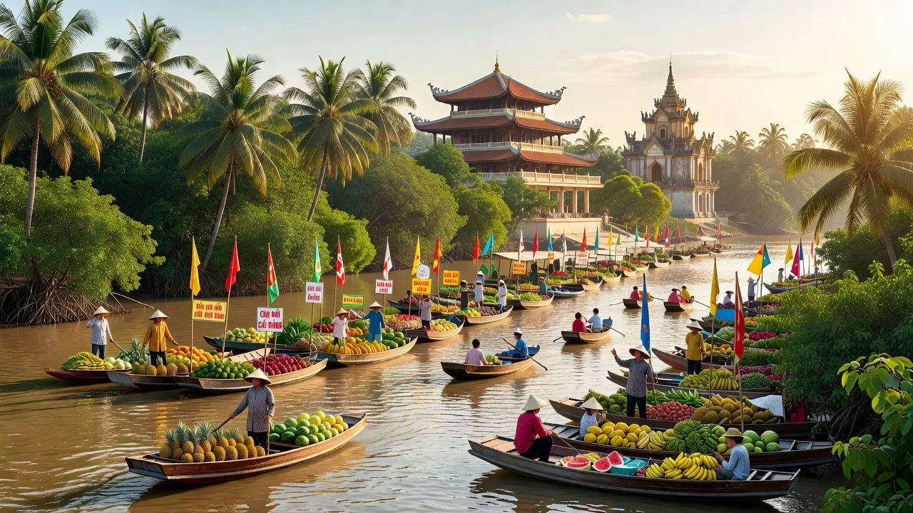 Quận Cái Răng, Cần Thơ với các khu chợ nổi, cây xanh và nét văn hóa địa phương độc đáo.