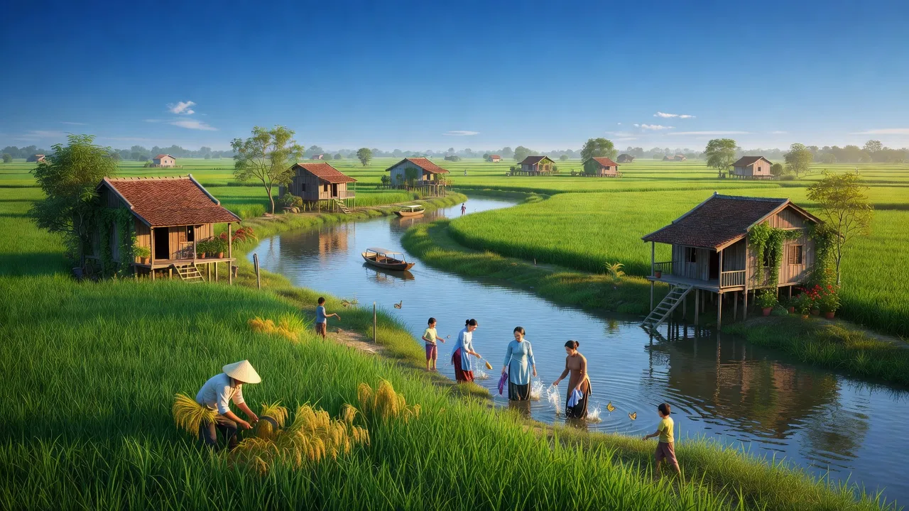 Cảnh quan Phường Ba Láng, Quận Cái Răng, Cần Thơ với cánh đồng xanh và sông nước yên bình.