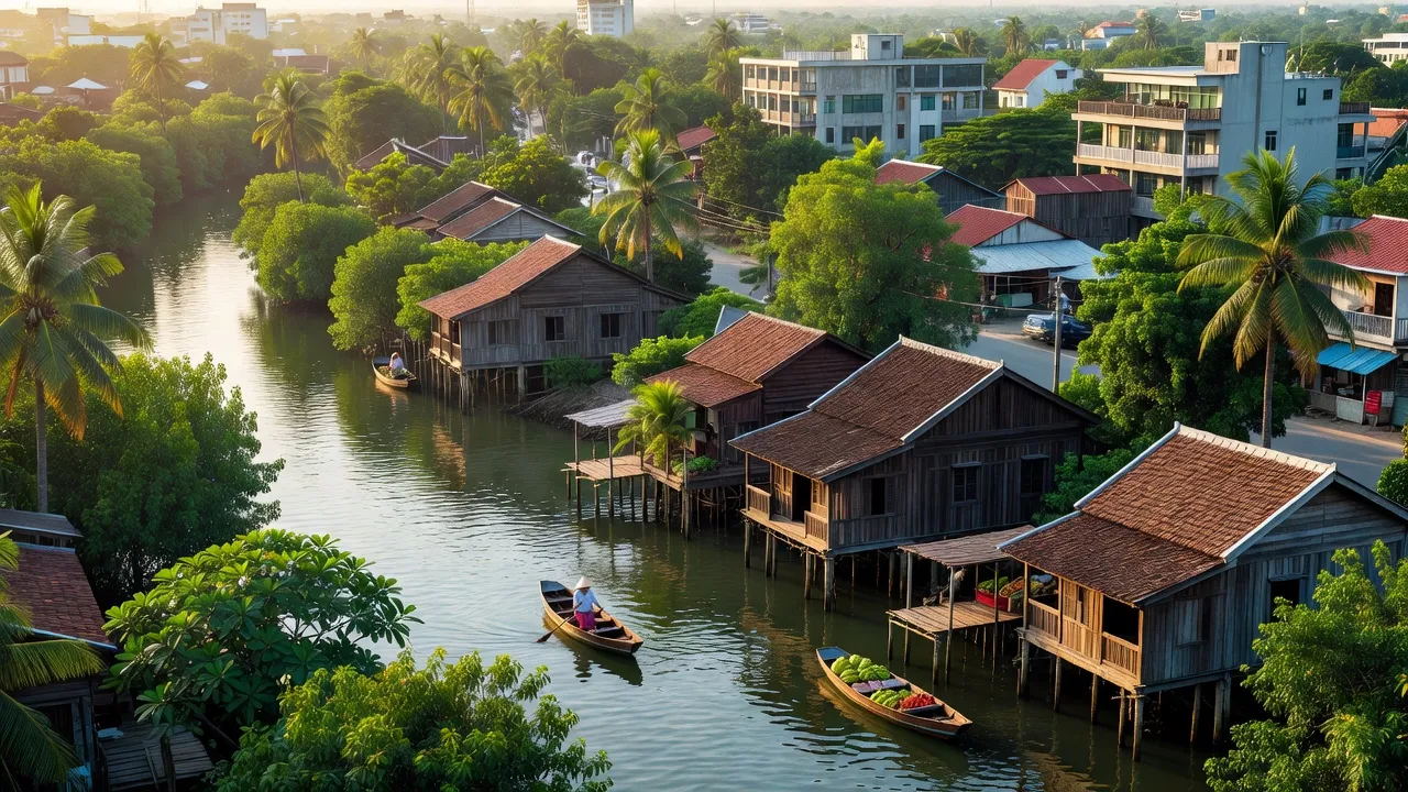 Phường Ba Láng, Quận Cái Răng, cảnh quan đô thị với kênh rạch và ánh nắng ấm áp.