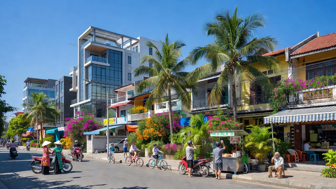 Khung cảnh đường phố nhộn nhịp Phường Lê Bình, Quận Cái Răng, Cần Thơ với cây xanh và cuộc sống địa phương.
