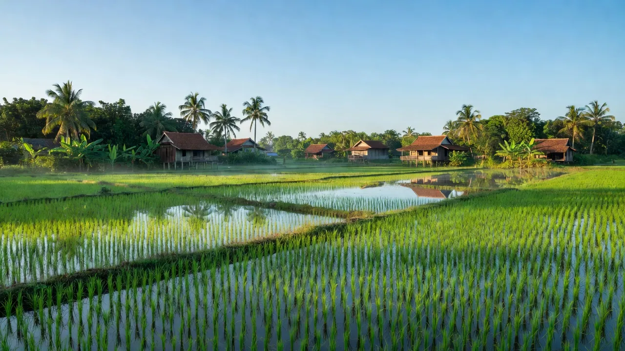 Khung cảnh bình yên tại Phường Phú Thứ, Cần Thơ với ruộng lúa và nhà truyền thống.