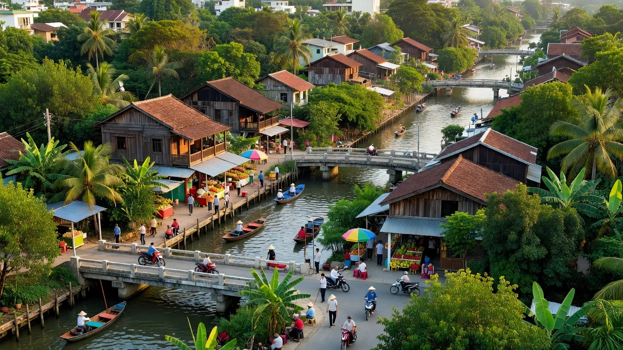 Khung cảnh Phường Thường Thạnh, Cần Thơ với nhà truyền thống và cây xanh, đời sống địa phương năng động.