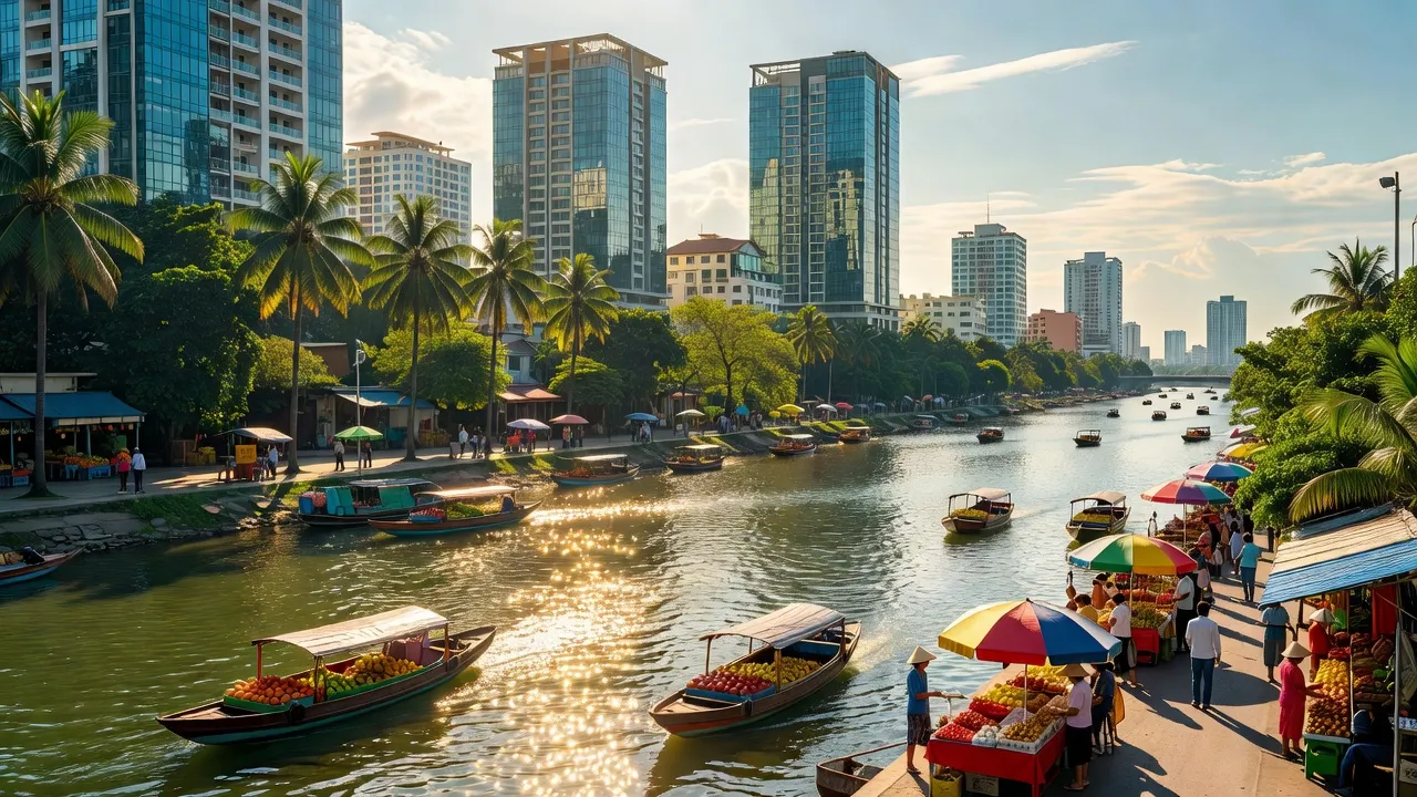 Khung cảnh Quận Ninh Kiều, Cần Thơ với sông Hậu, kiến trúc hiện đại và sắc xanh tự nhiên.