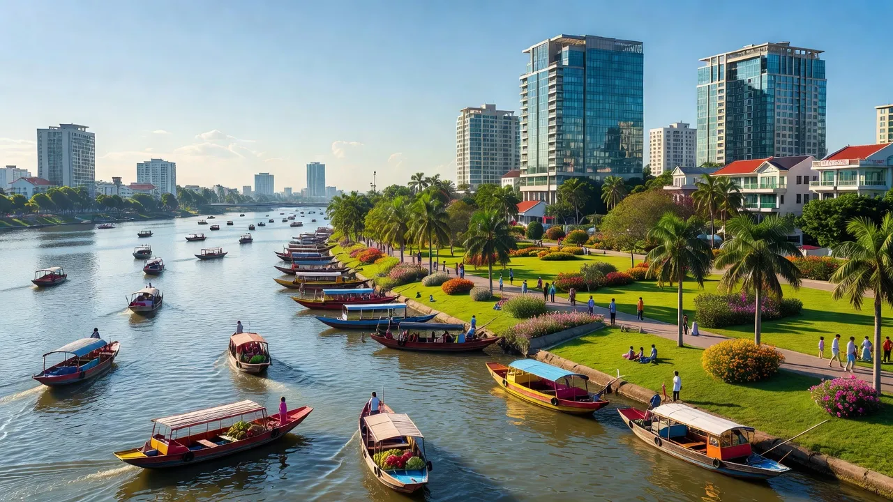 Quận Ninh Kiều, Cần Thơ với dòng sông Hậu và cảnh quan đô thị hiện đại, nhộn nhịp.