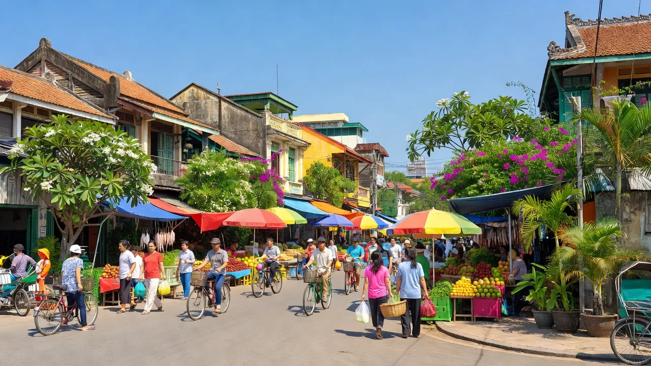 Khung cảnh sôi động của Phường An Bình, Quận Ninh Kiều, Cần Thơ với đường phố và chợ địa phương.