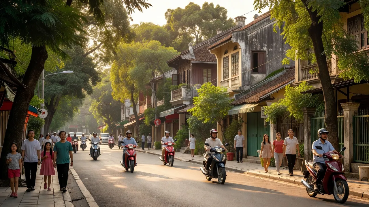 Phường Tân An, Quận Ninh Kiều, Cần Thơ với con đường nhộn nhịp, cây xanh, và nhà truyền thống.