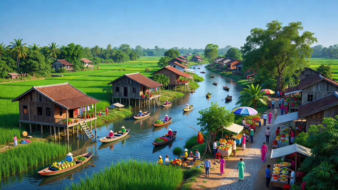 Quận Ô Môn, Cần Thơ với phong cảnh xanh mát, chợ địa phương và cuộc sống bên sông, văn hóa Việt Nam.