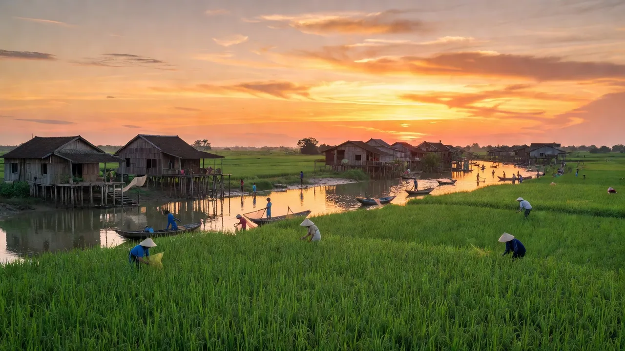 Khung cảnh Quận Thốt Nốt, Cần Thơ với ruộng lúa, nhà gỗ và hoạt động của người dân địa phương.
