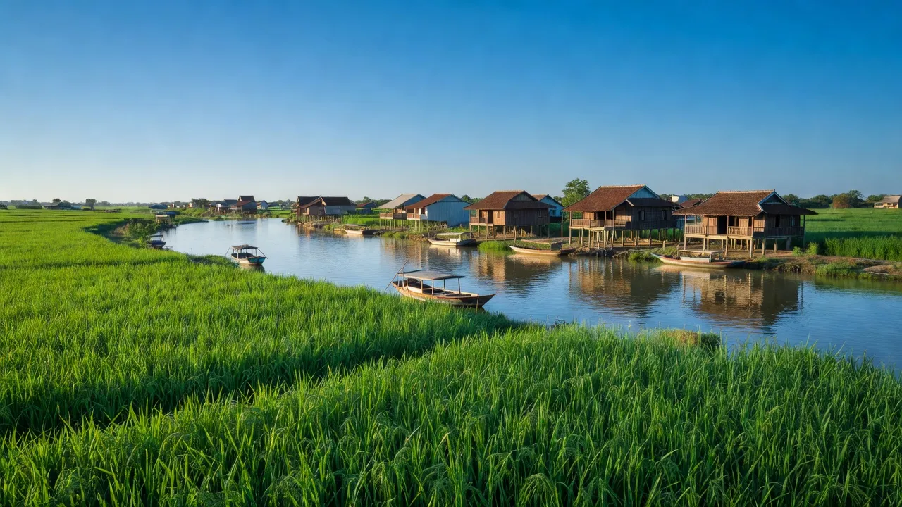 Quận Thốt Nốt, Cần Thơ with green fields and Hau River under sunny weather.