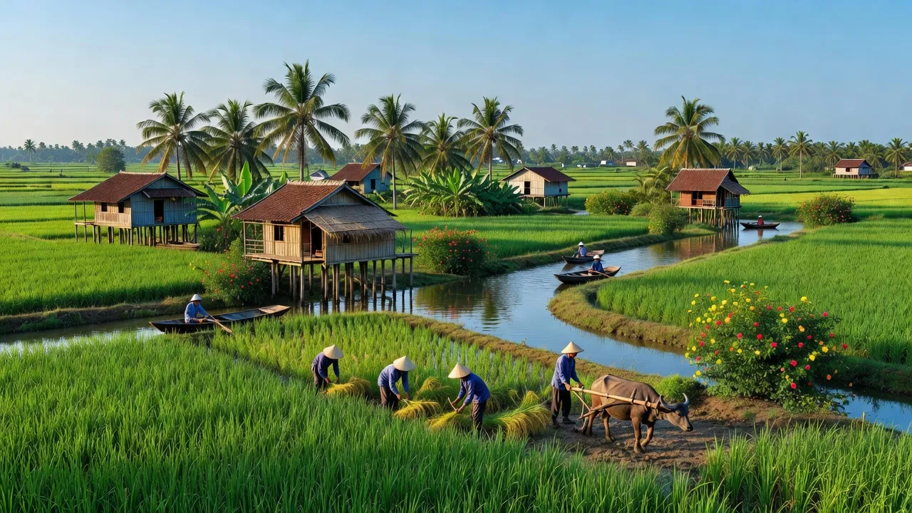 Cảnh đẹp của huyện Thới Lai, Cần Thơ với cánh đồng xanh và nhà truyền thống.