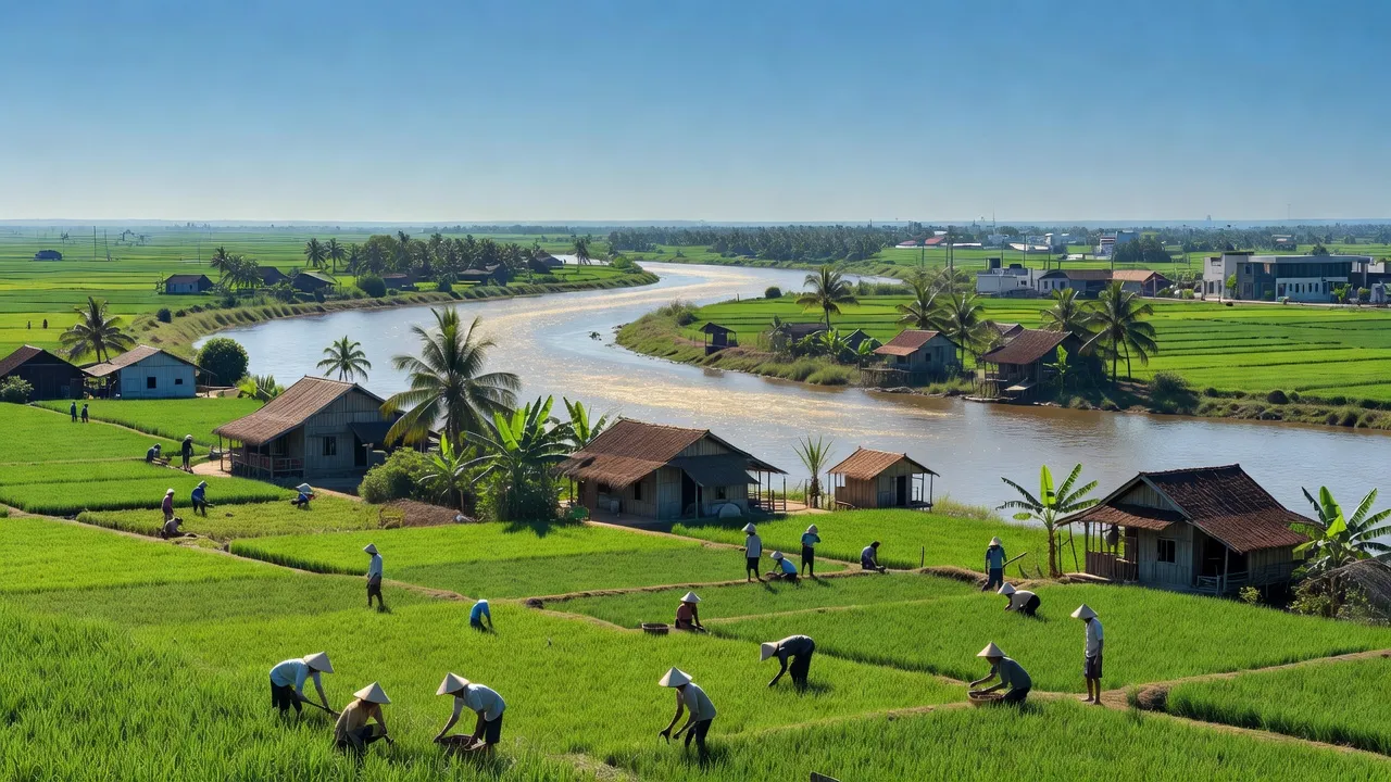 Quang cảnh huyện Thới Lai, Cần Thơ với đồng xanh và nhà truyền thống, thể hiện bản sắc nông thôn.