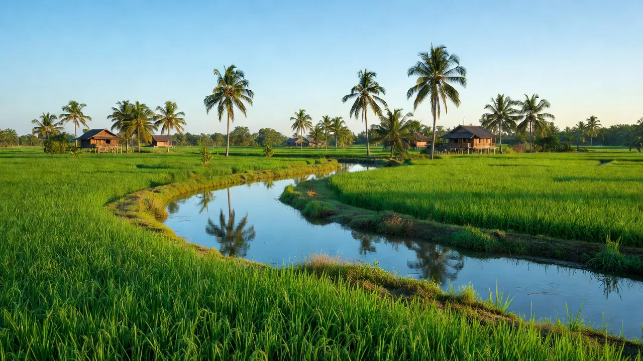 Cảnh đẹp yên bình tại xã Trường Xuân, huyện Thới Lai, Cần Thơ, với đồng lúa xanh mát và dòng sông tĩnh lặng.