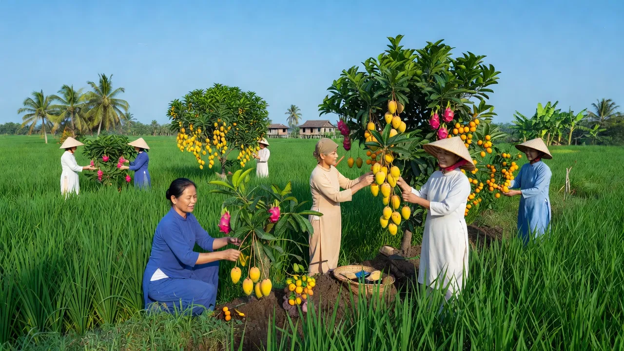 Cảnh đẹp huyện Vĩnh Thạnh, Cần Thơ, nông thôn xanh tươi, cây trái và người nông dân chăm sóc mùa màng.