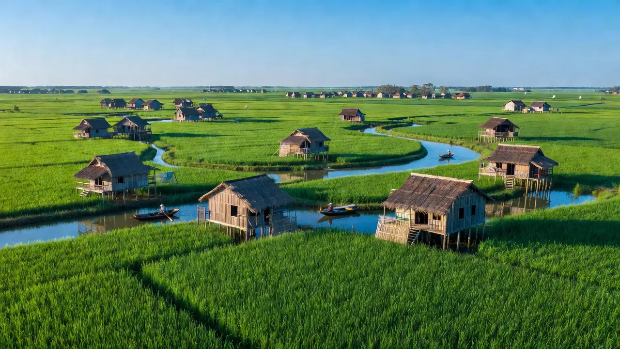 Cảnh quan nông thôn xã Thạnh Lợi, huyện Vĩnh Thạnh, thành phố Cần Thơ với ruộng bậc thang và nhà truyền thống.