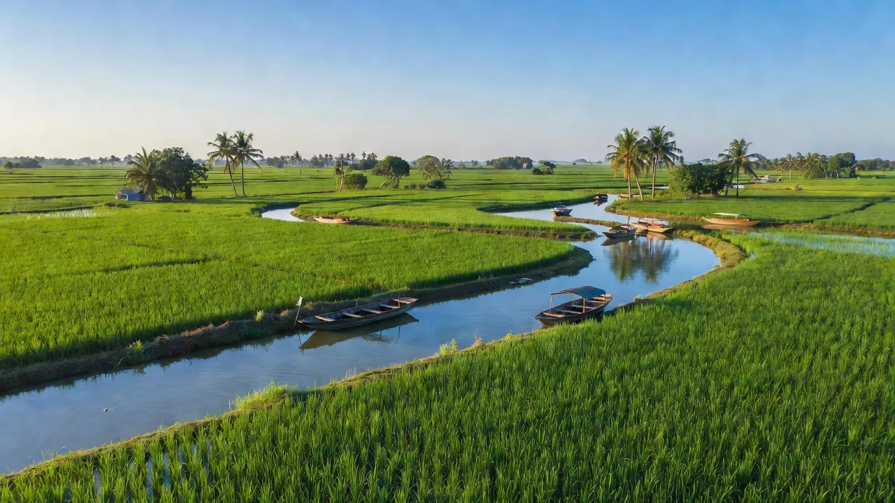 Cảnh đồng xanh ở xã Thạnh Mỹ, huyện Vĩnh Thạnh, Cần Thơ, với kênh rạch và bầu trời trong xanh.