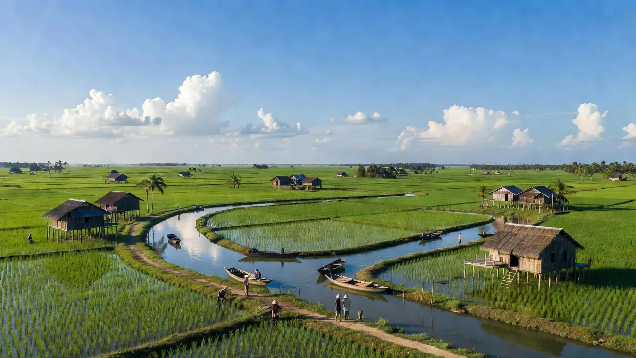 Cảnh đồng lúa xanh tươi và kênh rạch tại xã Thạnh Tiến, huyện Vĩnh Thạnh, Cần Thơ.