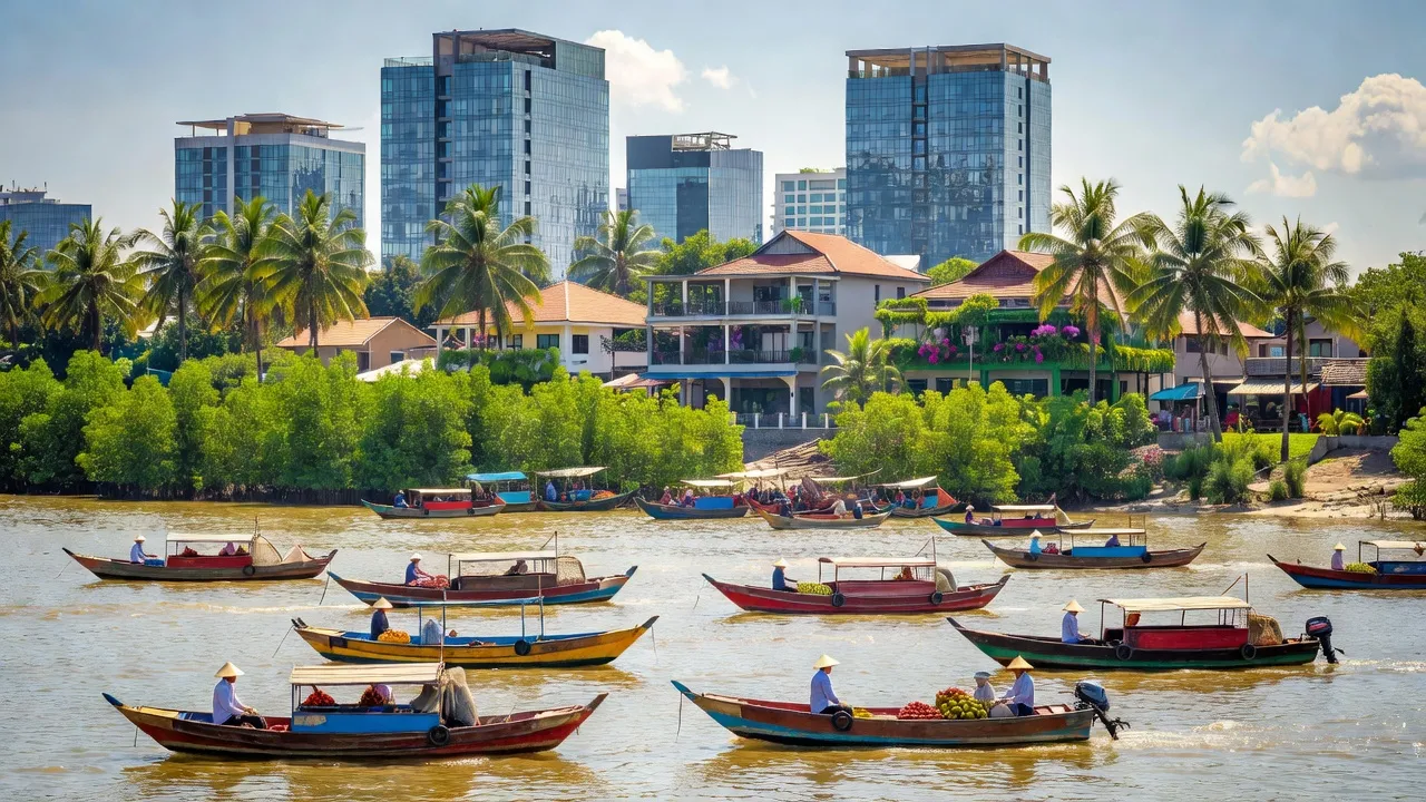 Cảnh thành phố Cần Thơ với sông Hậu, thuyền gỗ và kiến trúc hiện đại, thiên nhiên tươi đẹp.
