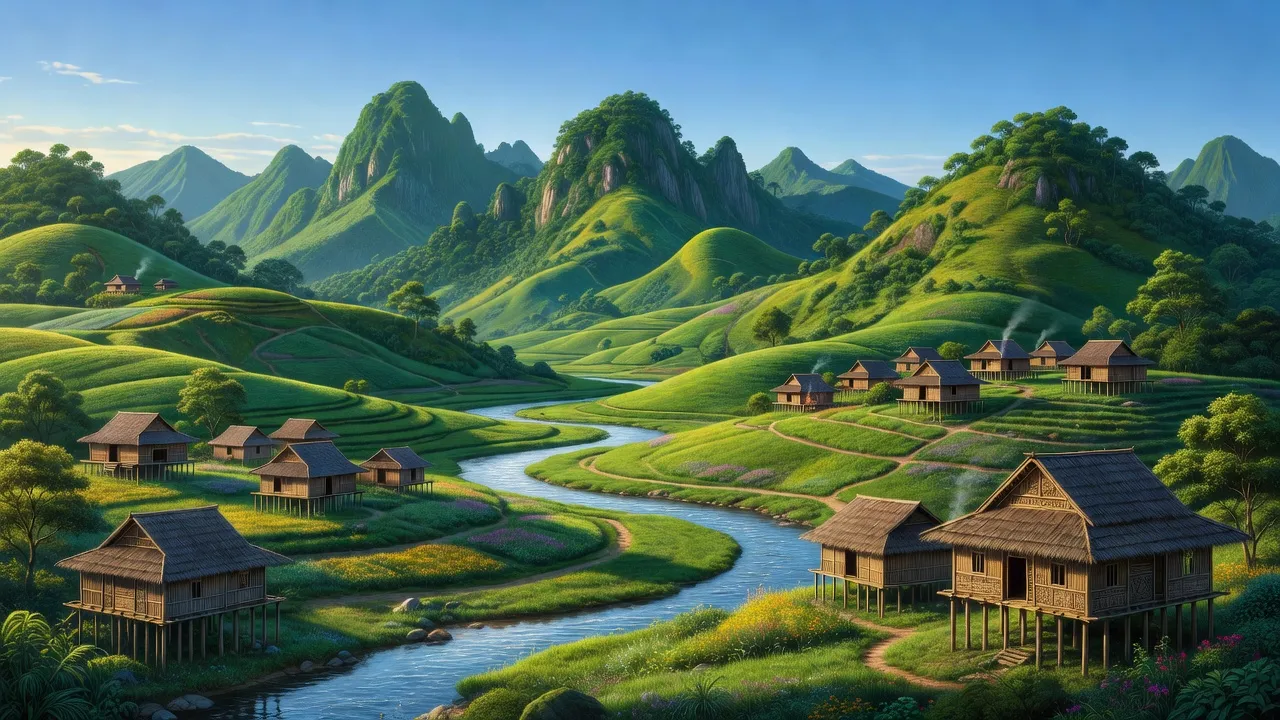 Cảnh đẹp huyện Bảo Lạc, tỉnh Cao Bằng với núi xanh và suối trong vắt, biểu tượng văn hóa địa phương.
