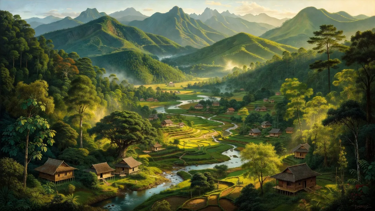 Phong cảnh huyện Bảo Lạc, Cao Bằng với núi non, thung lũng và nhà của người dân tộc.