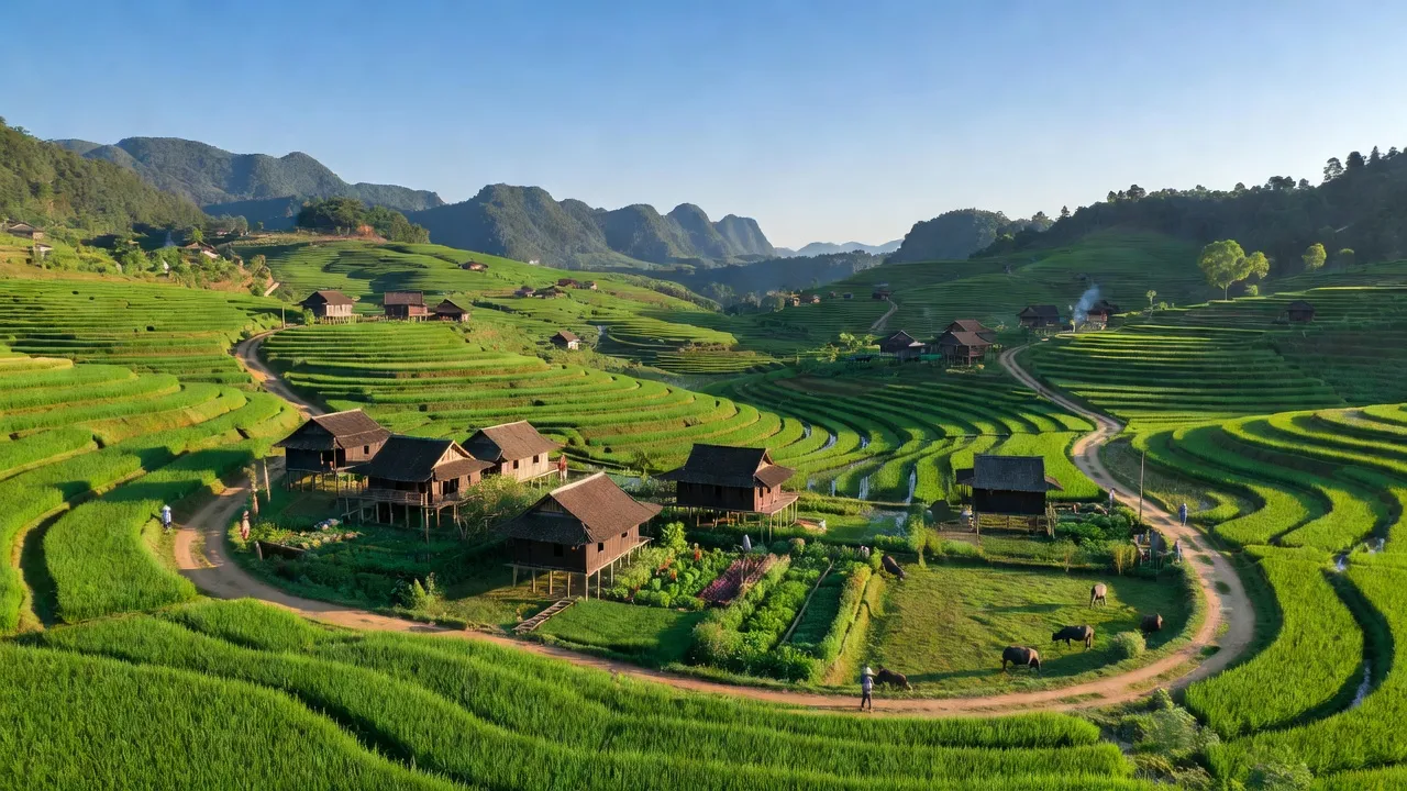 Cảnh quan Xã Đình Phùng, huyện Bảo Lạc, Cao Bằng với thiên nhiên tươi đẹp và nhà truyền thống.