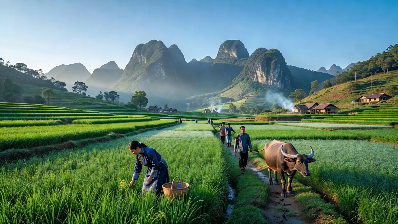 Cảnh quan xã Hồng Trị, huyện Bảo Lạc, tỉnh Cao Bằng với cánh đồng và núi non xanh tươi.