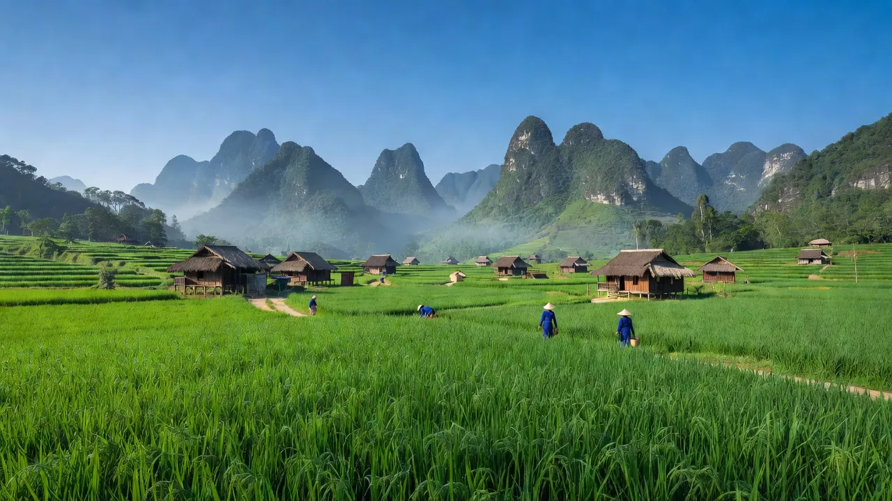 Phong cảnh nông thôn xã Hồng Trị, huyện Bảo Lạc, với cánh đồng và núi non ở Cao Bằng.