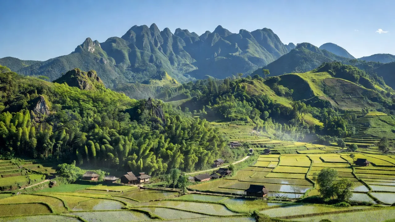 Cảnh quan nông thôn Xã Hưng Thịnh, huyện Bảo Lạc, Cao Bằng với núi, rừng và cánh đồng xanh.