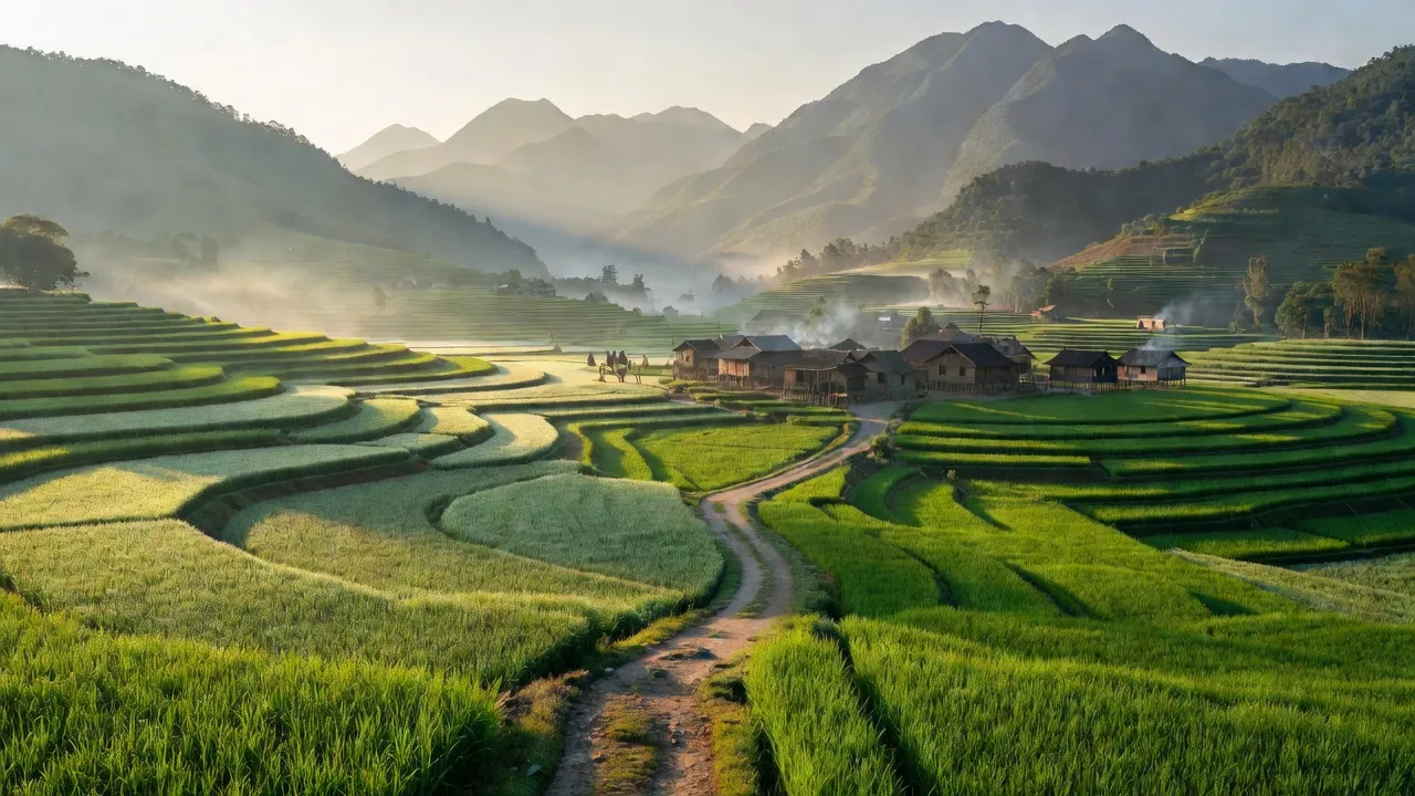 Cảnh đồng xanh và núi non tuyệt đẹp ở xã Huy Giáp, huyện Bảo Lạc, tỉnh Cao Bằng.