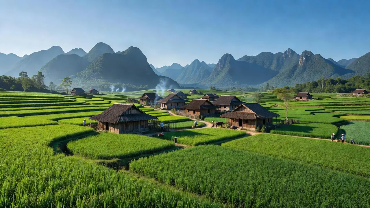 Khung cảnh Xã Huy Giáp, huyện Bảo Lạc, Cao Bằng với cánh đồng xanh và nhà truyền thống.
