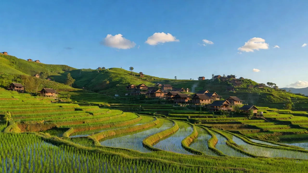 Khung cảnh làng quê xã Kim Cúc, huyện Bảo Lạc, Cao Bằng với đồi xanh và ruộng bậc thang.