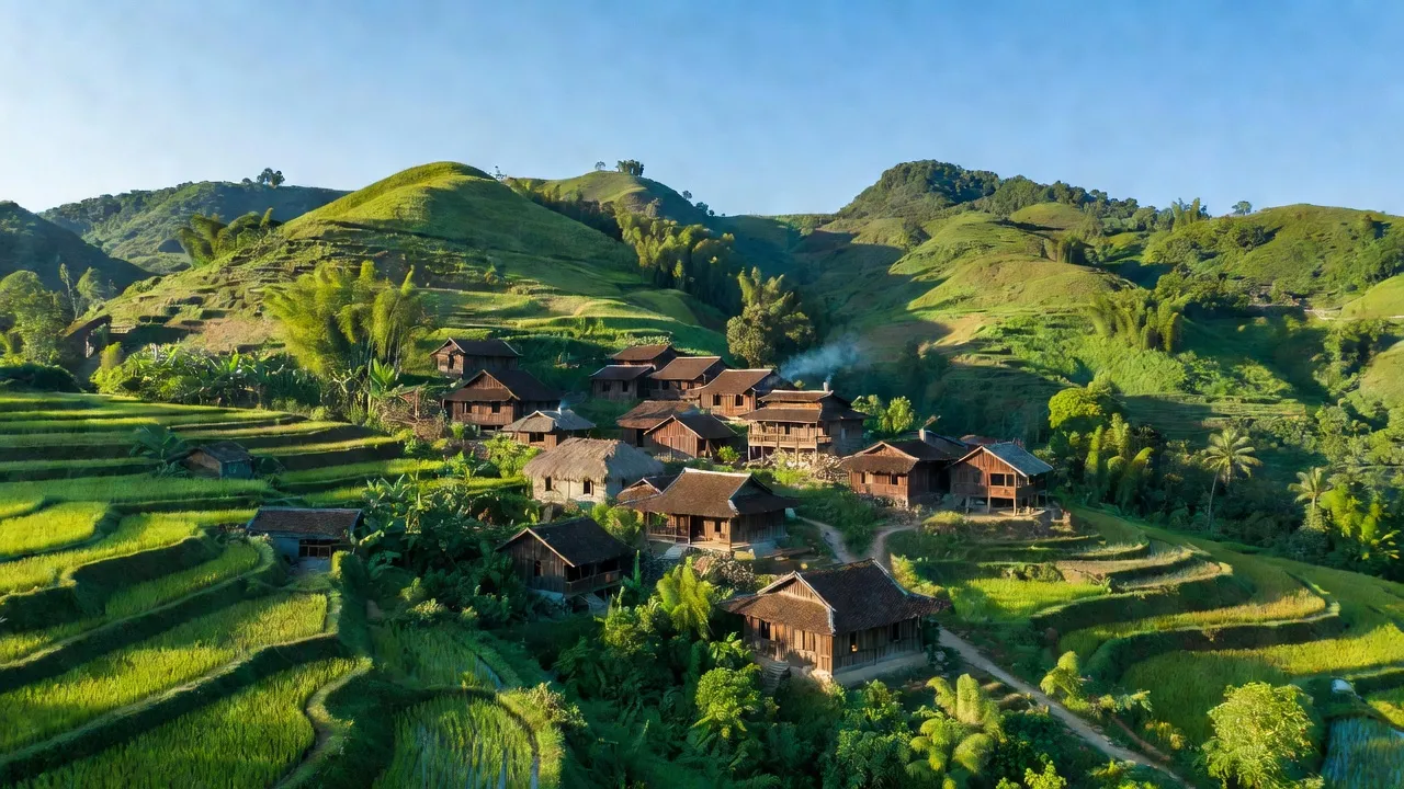 Khung cảnh tuyệt đẹp của xã Xuân Trường, huyện Bảo Lạc, tỉnh Cao Bằng với đồi núi và nhà truyền thống.