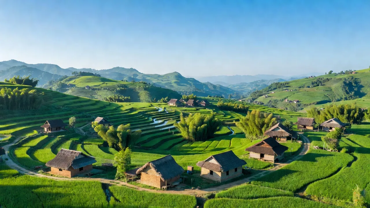 Khung cảnh Xuân Trường, Bảo Lạc, Cao Bằng với đồi núi và kiến trúc nông thôn truyền thống.