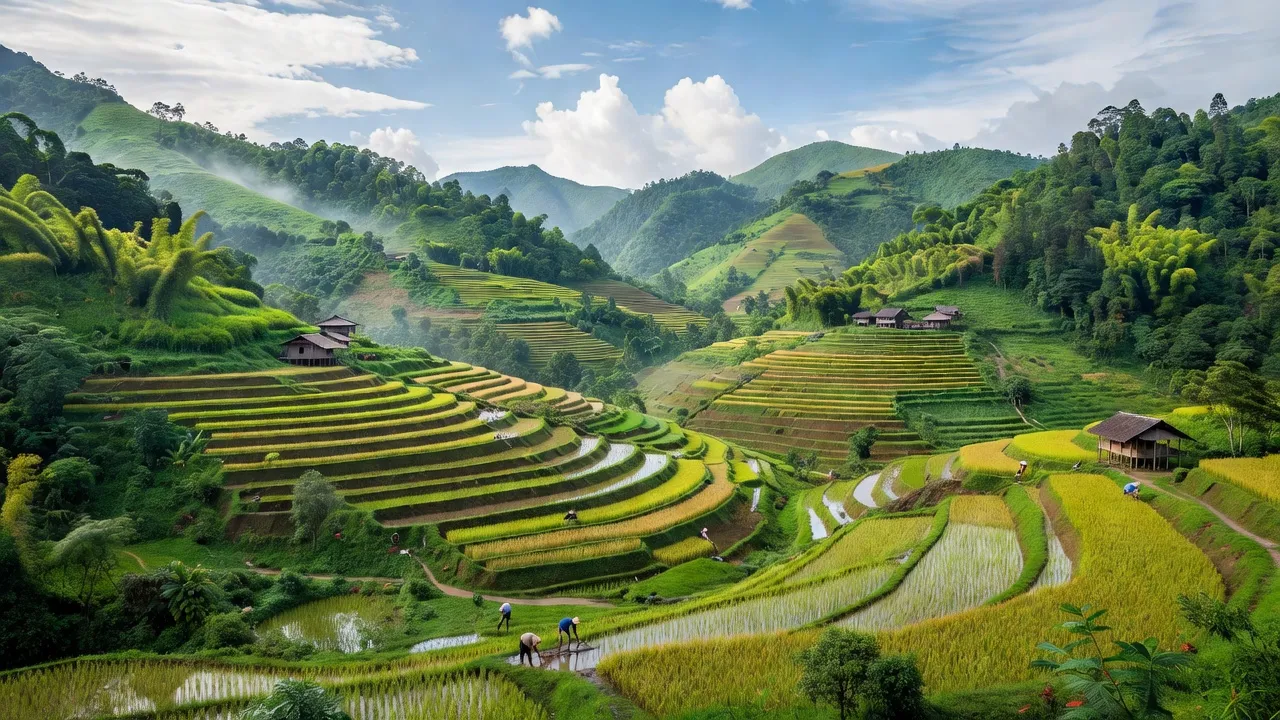 Khung cảnh huyện Bảo Lâm, Cao Bằng với đồi núi xanh tươi và nông nghiệp truyền thống.