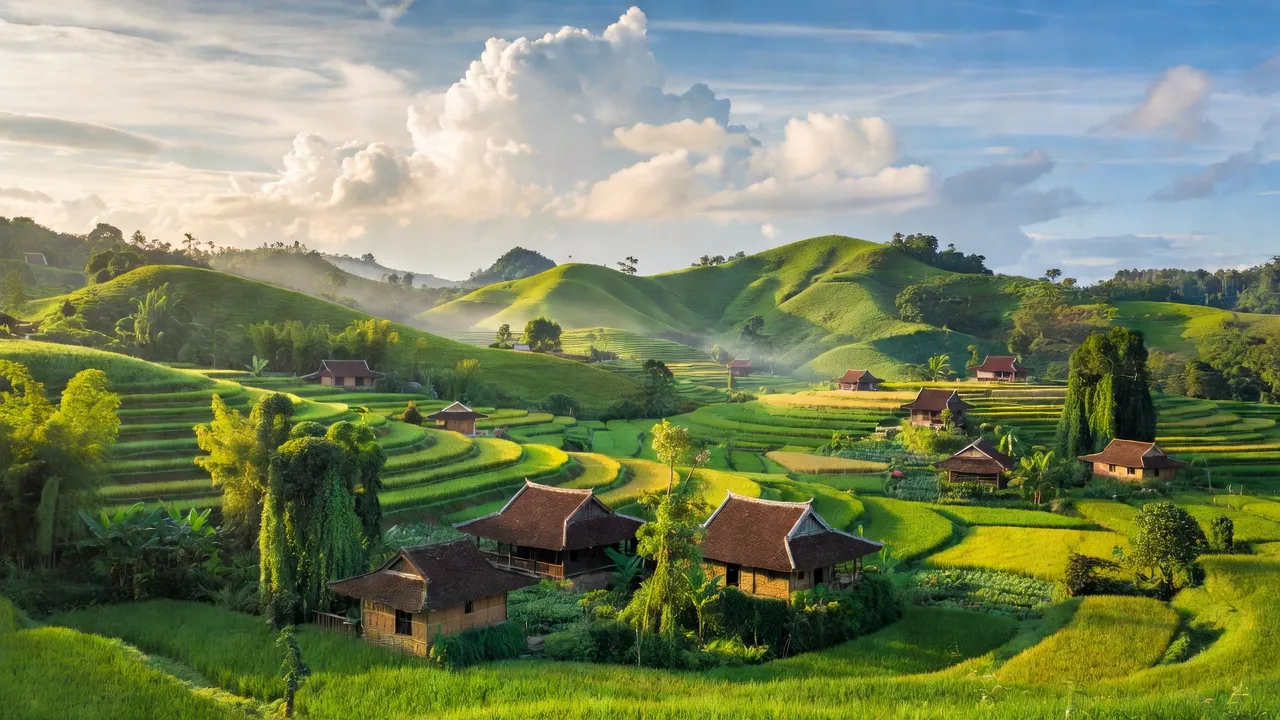 Khung cảnh huyện Bảo Lâm, Cao Bằng, với đồi núi xanh và nhà truyền thống giữa đồng ruộng.